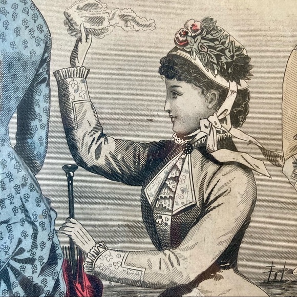 French 1800’s Fashion Plate Original Print Framed in Rustic Blue Wooden Frame - Picture 8 of 8